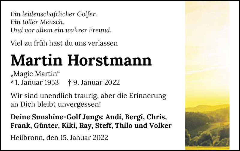  Traueranzeige für Martin Horstmann vom 15.01.2022 aus GESAMT