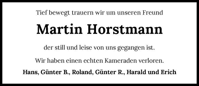  Traueranzeige für Martin Horstmann vom 15.01.2022 aus GESAMT