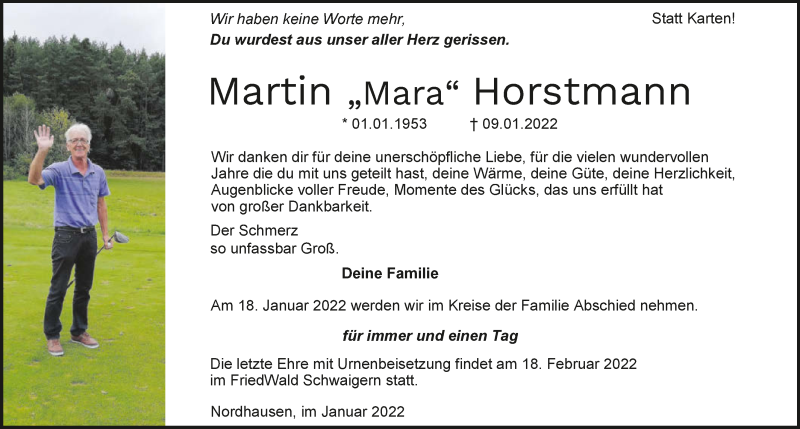  Traueranzeige für Martin Horstmann vom 15.01.2022 aus GESAMT