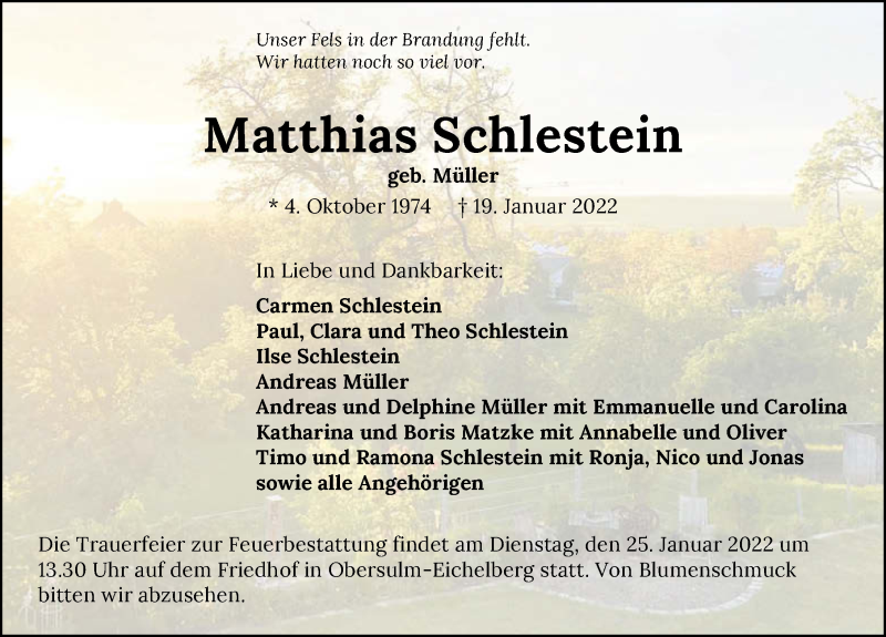  Traueranzeige für Matthias Schlestein vom 22.01.2022 aus GESAMT