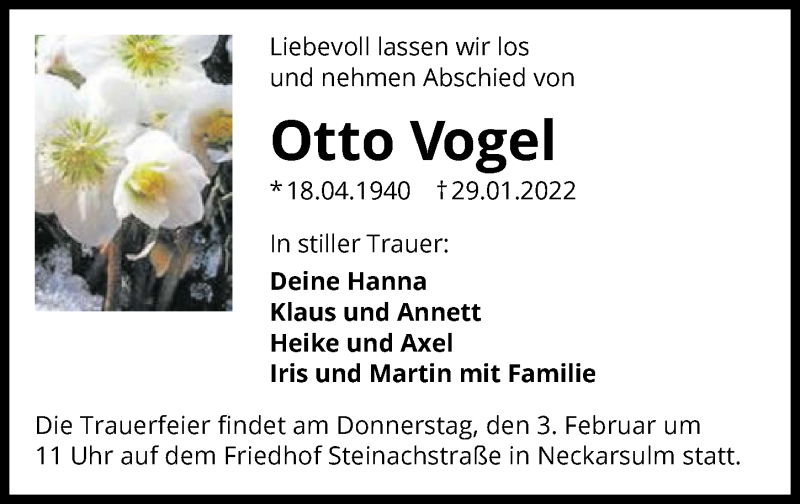  Traueranzeige für Otto Vogel vom 01.02.2022 aus GESAMT
