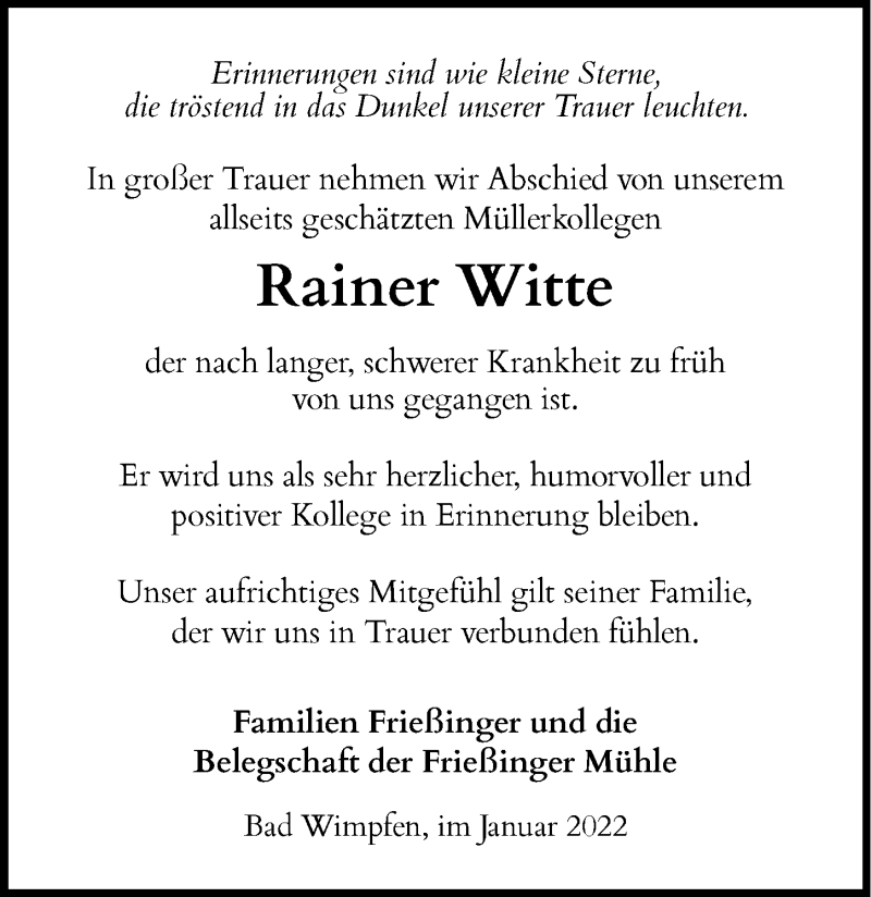  Traueranzeige für Rainer Witte vom 29.01.2022 aus GESAMT