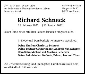 Traueranzeige von Richard Schneck von GESAMT