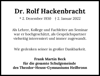 Traueranzeige von Rolf Hackenbracht von GESAMT