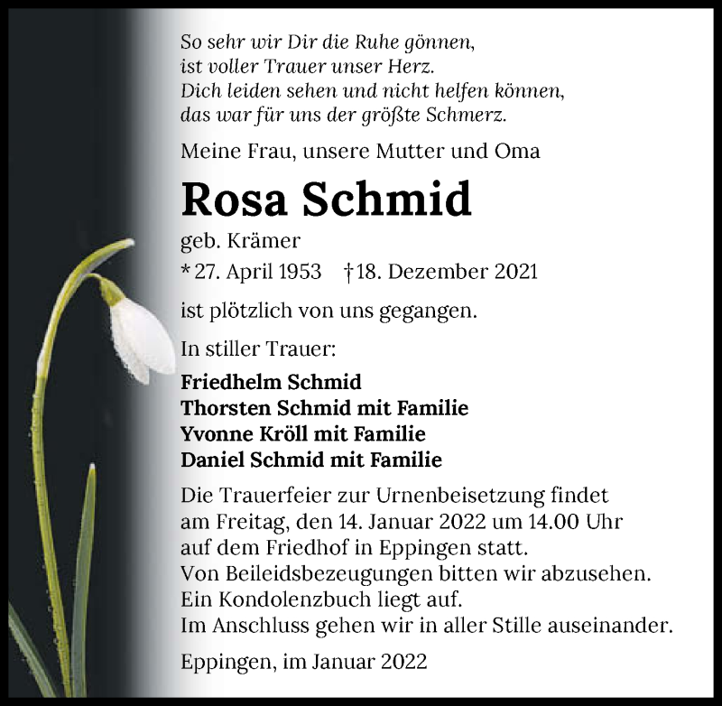  Traueranzeige für Rosa Schmid vom 12.01.2022 aus GESAMT