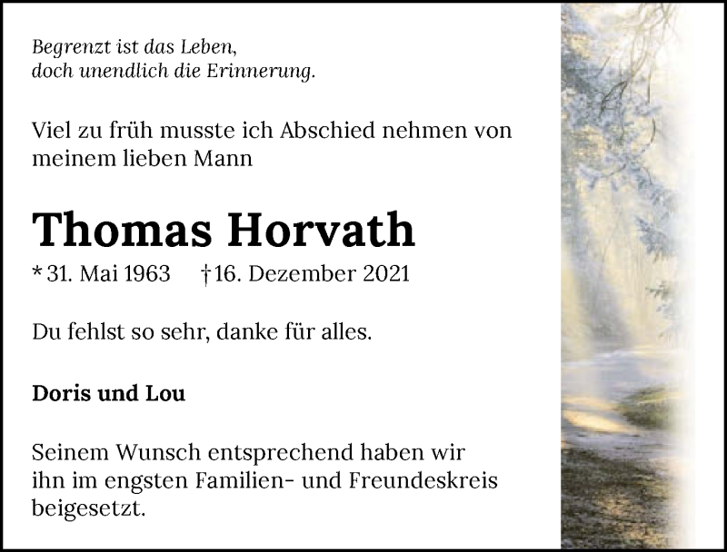  Traueranzeige für Thomas Horvath vom 13.01.2022 aus GESAMT