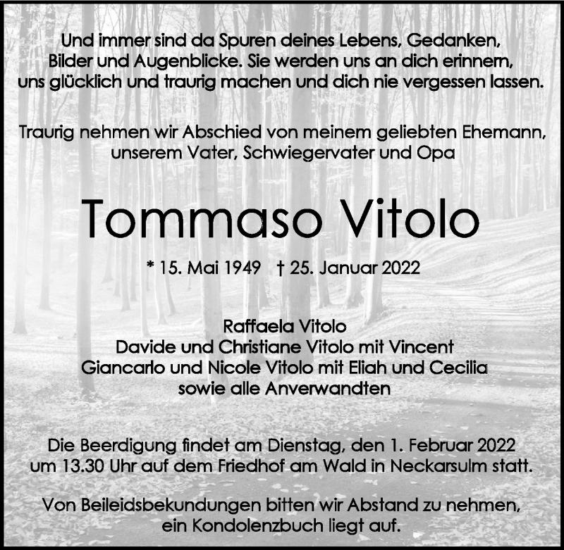  Traueranzeige für Tommaso Vitolo vom 29.01.2022 aus GESAMT