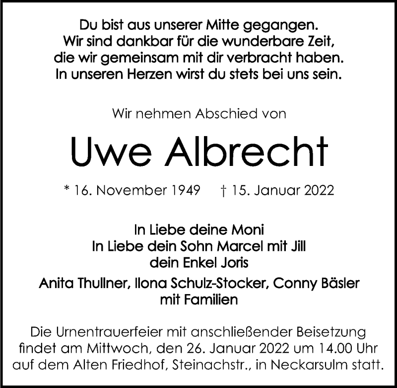  Traueranzeige für Uwe Albrecht vom 22.01.2022 aus GESAMT