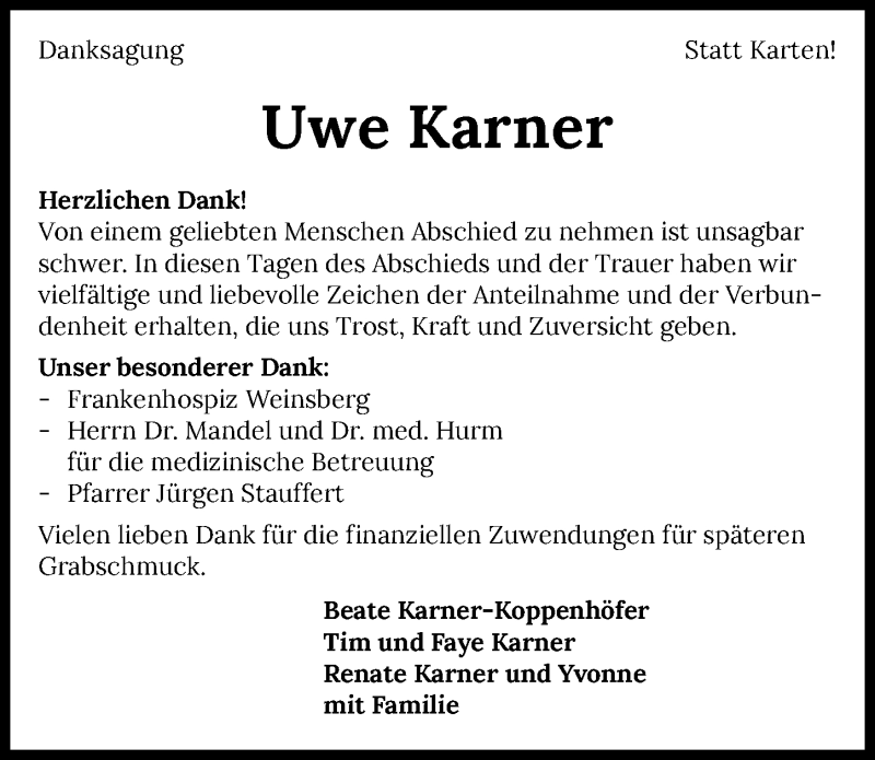  Traueranzeige für Uwe Karner vom 04.01.2022 aus GESAMT