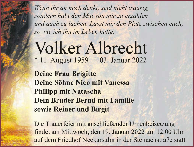  Traueranzeige für Volker Albrecht vom 15.01.2022 aus GESAMT