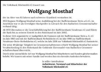 Traueranzeige von Wolfgang Mosthaf von GESAMT