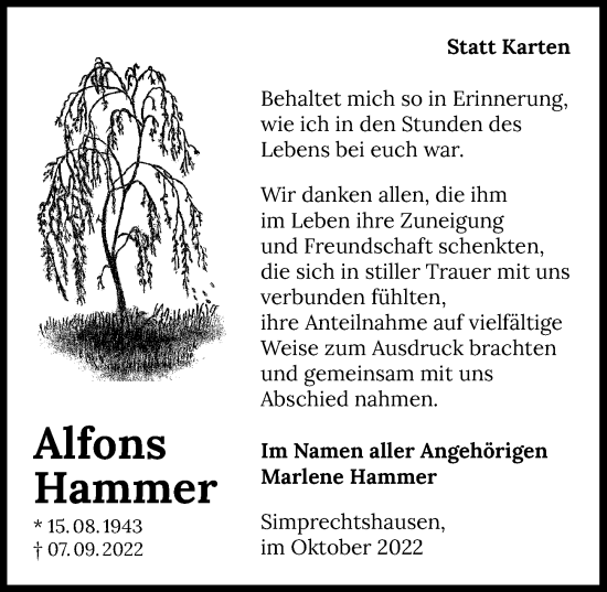 Traueranzeige von Alfons Hammer von Heilbronner Stimme