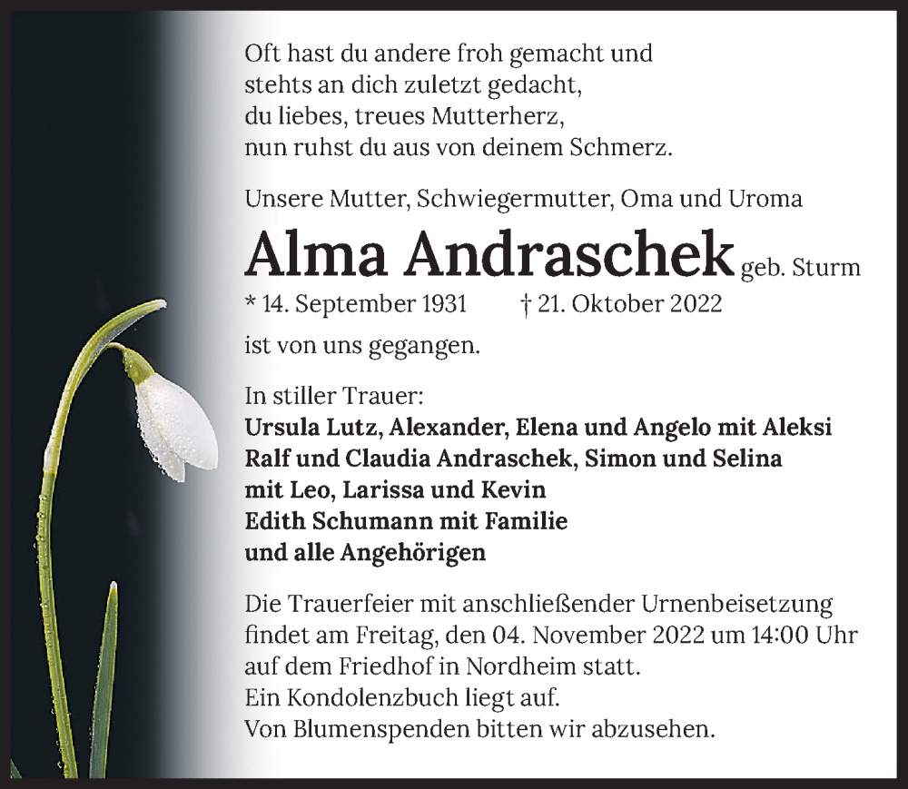  Traueranzeige für Alma Andraschek vom 29.10.2022 aus Heilbronner Stimme