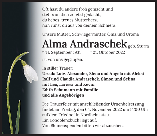 Traueranzeige von Alma Andraschek von Heilbronner Stimme
