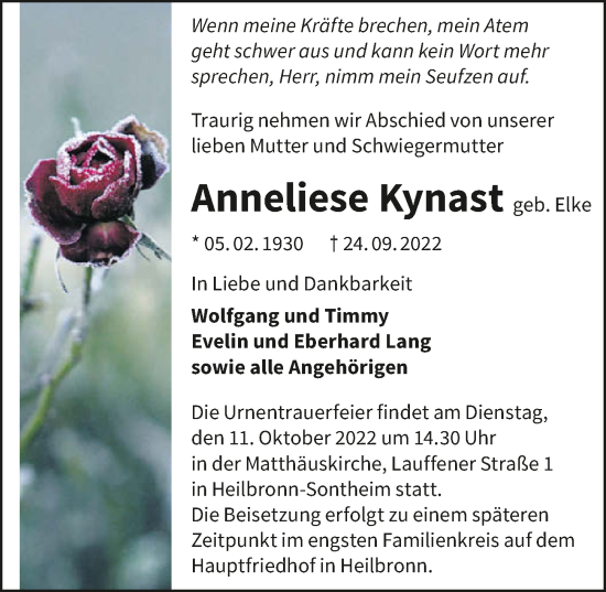 Traueranzeige von Anneliese Kynast von GESAMT