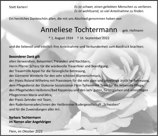 Traueranzeige von Anneliese Tochtermann von Heilbronner Stimme