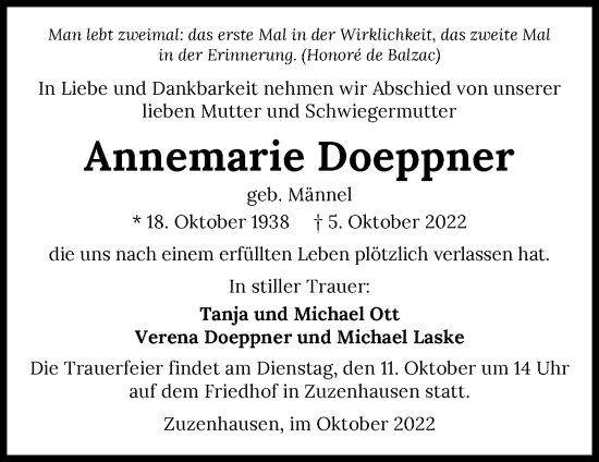 Traueranzeige von Annemarie Doeppner von GESAMT