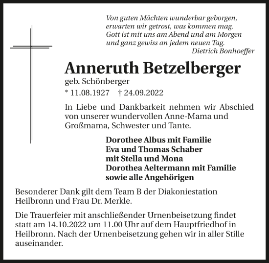 Traueranzeige von Anneruth Betzelberger von GESAMT