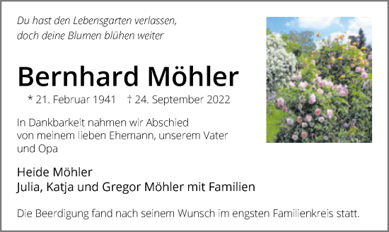 Traueranzeige von Bernhard Möhler von GESAMT