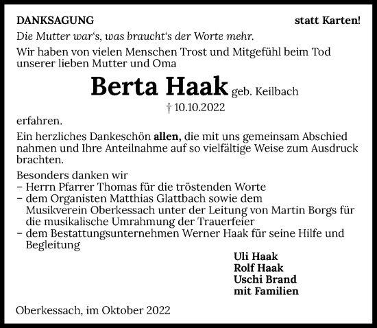 Traueranzeige von Berta Haak von Heilbronner Stimme