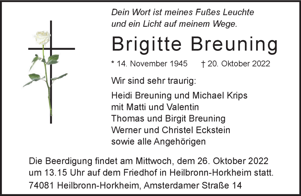  Traueranzeige für Brigitte Breuning vom 22.10.2022 aus Heilbronner Stimme