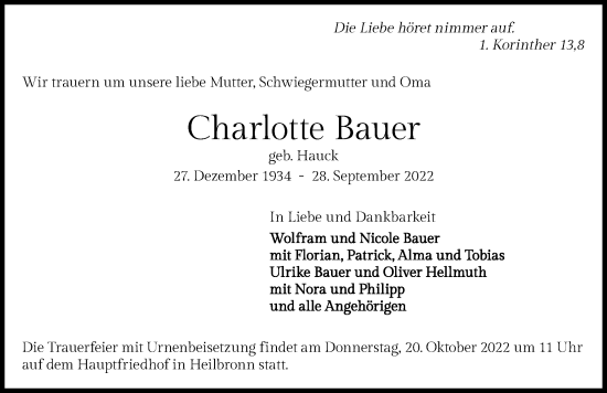 Traueranzeige von Charlotte Bauer von GESAMT