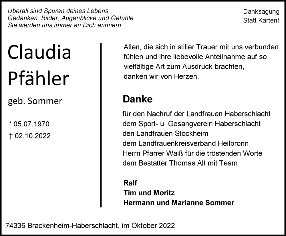  Traueranzeige für Claudia Pfähler vom 29.10.2022 aus Heilbronner Stimme