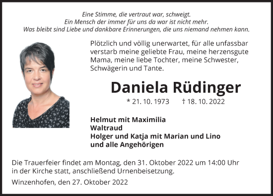 Traueranzeige von Daniela Rüdinger von Heilbronner Stimme