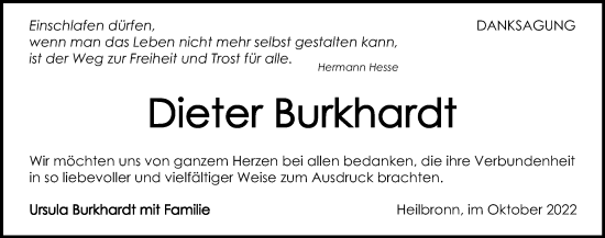 Traueranzeige von Dieter Burkhardt von Heilbronner Stimme