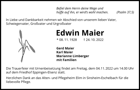 Traueranzeige von Edwin Maier von Heilbronner Stimme