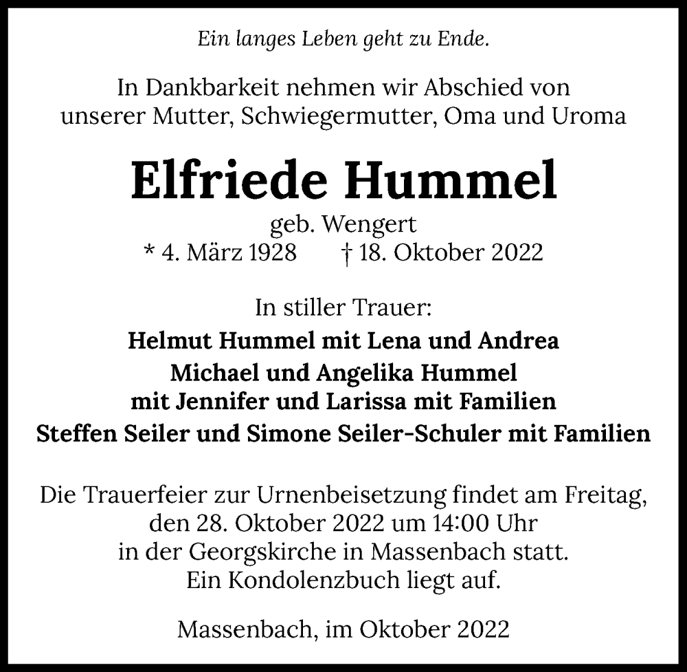  Traueranzeige für Elfriede Hummel vom 25.10.2022 aus Heilbronner Stimme