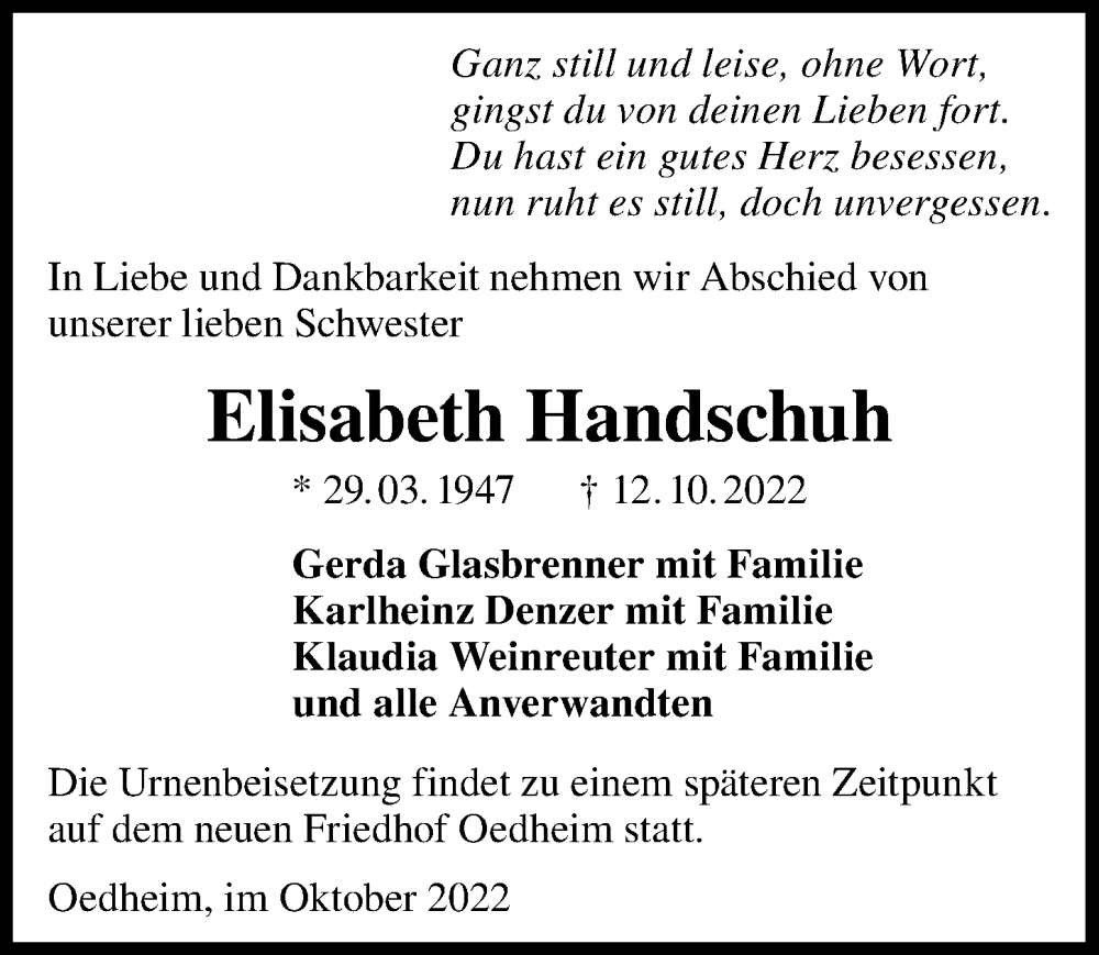  Traueranzeige für Elisabeth Handschuh vom 15.10.2022 aus Heilbronner Stimme