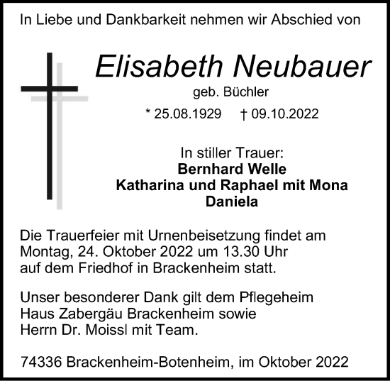 Traueranzeige von Elisabeth Neubauer von Heilbronner Stimme