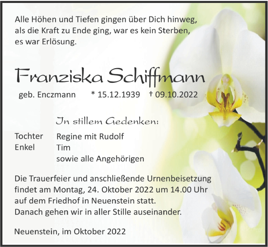 Traueranzeige von Franziska Schiffmann von Heilbronner Stimme