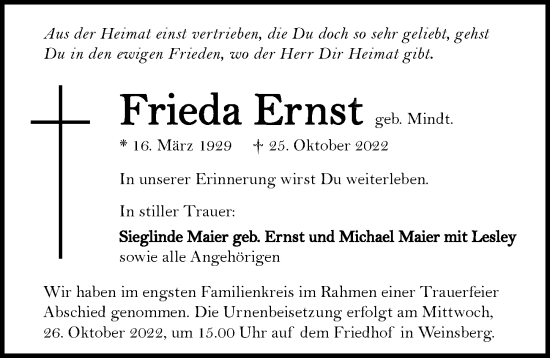 Traueranzeige von Frieda Ernst von Heilbronner Stimme