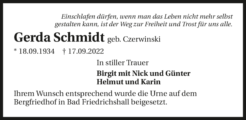  Traueranzeige für Gerda Schmidt vom 01.10.2022 aus GESAMT