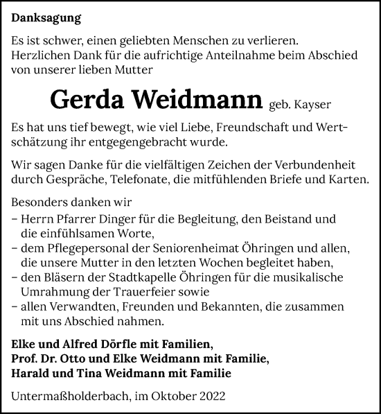 Traueranzeige von Gerda Weidmann von Heilbronner Stimme