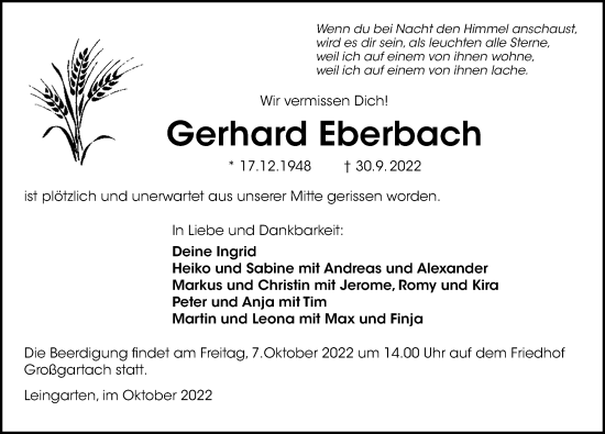 Traueranzeige von Gerhard Eberbach von GESAMT