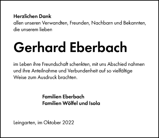 Traueranzeige von Gerhard Eberbach von Heilbronner Stimme