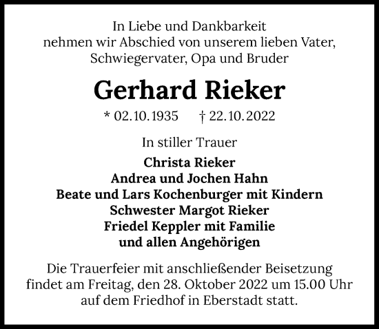 Traueranzeige von Gerhard Rieker von Heilbronner Stimme