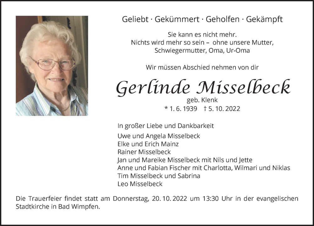  Traueranzeige für Gerlinde Misselbeck vom 15.10.2022 aus Heilbronner Stimme