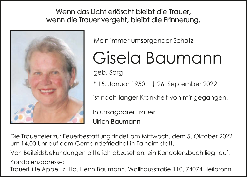  Traueranzeige für Gisela Baumann vom 01.10.2022 aus GESAMT