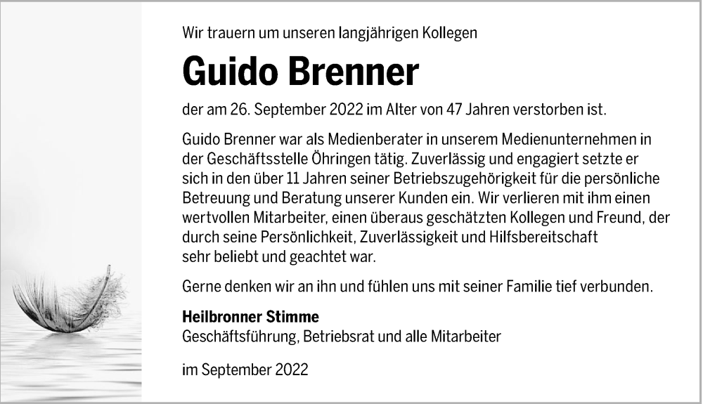  Traueranzeige für Guido Brenner vom 08.10.2022 aus GESAMT