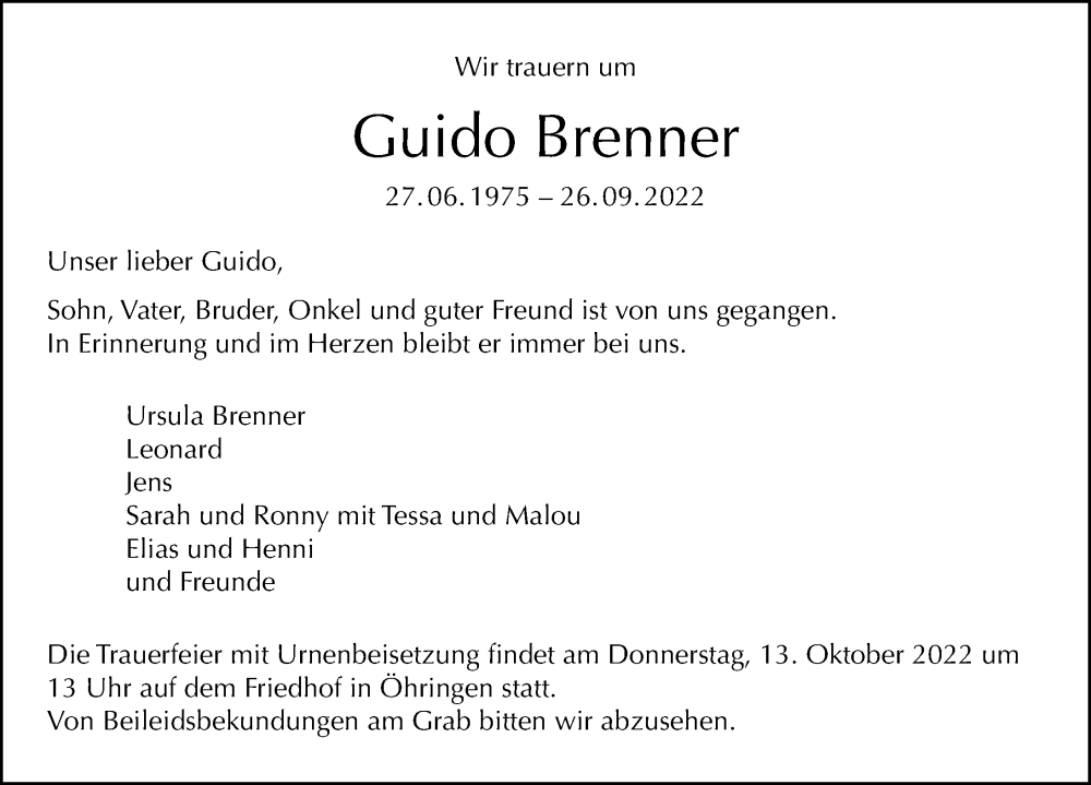  Traueranzeige für Guido Brenner vom 08.10.2022 aus GESAMT