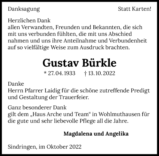 Traueranzeige von Gustav Bürkle von Heilbronner Stimme