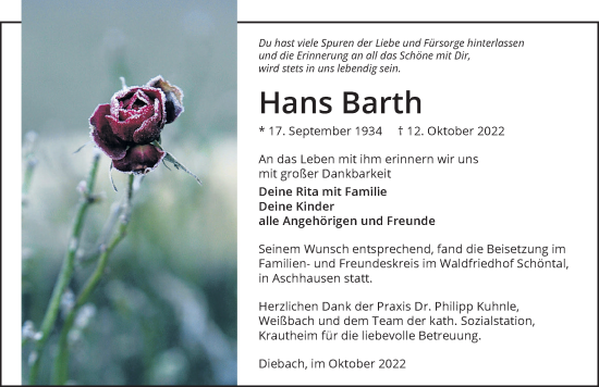 Traueranzeige von Hans Barth von Heilbronner Stimme