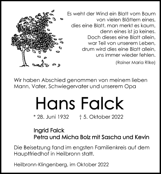 Traueranzeige von Hans Falck von Heilbronner Stimme