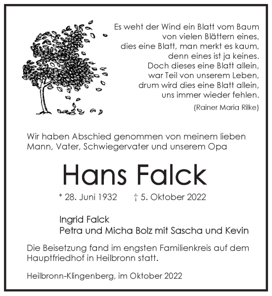 Traueranzeige von Hans Falck von Heilbronner Stimme