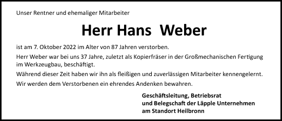 Traueranzeige von Hans Weber von Heilbronner Stimme