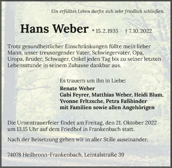 Traueranzeige von Hans Weber von GESAMT